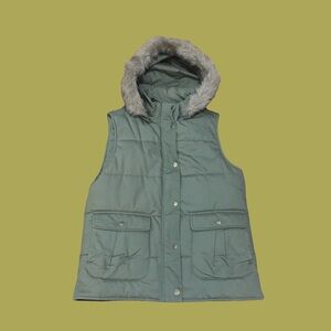 Gap MEDIUM Army green Puffer Vest Antique Gold hardware Faux fur lined Hood